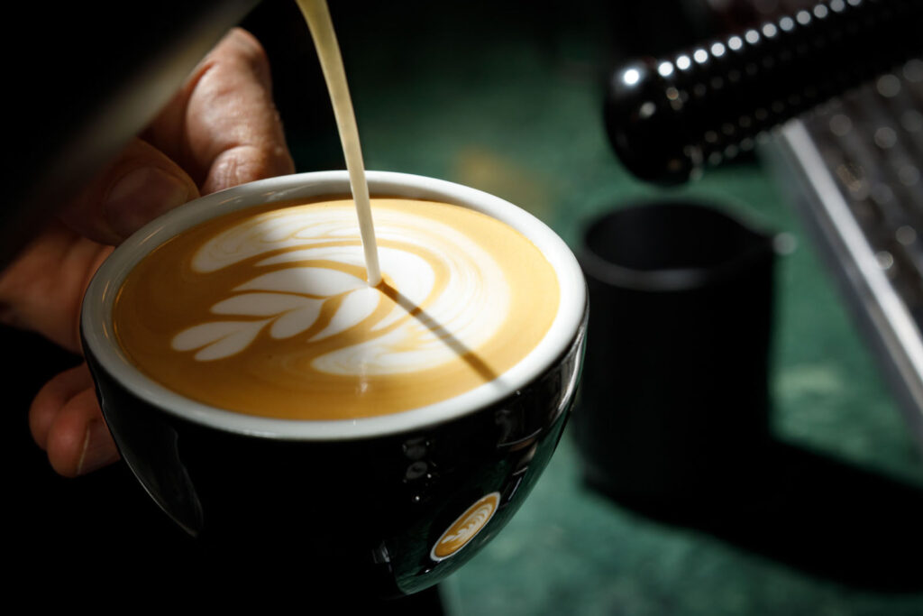 Barista creates latte art in coffee cup.