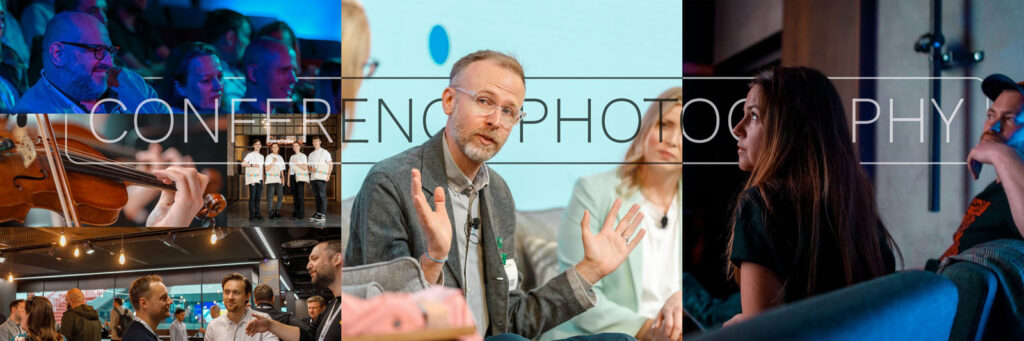 Conference photography showcasing speakers, attendees, music, and event atmosphere.