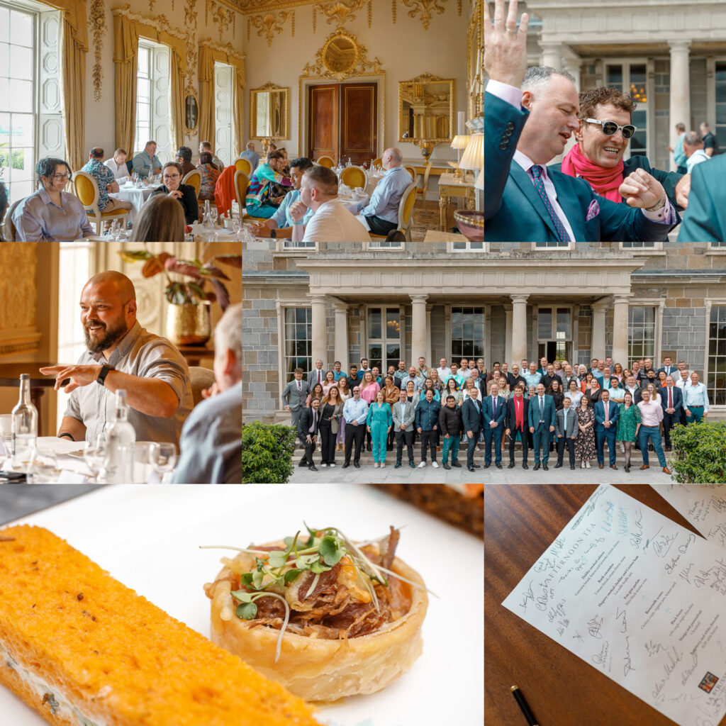 Corporate event featuring group photo, dining, and networking.