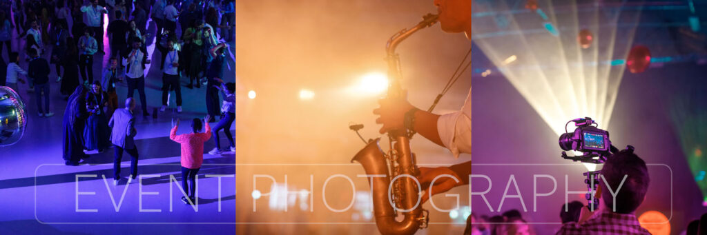 Dynamic event photography: dancing, saxophone, and video recording.