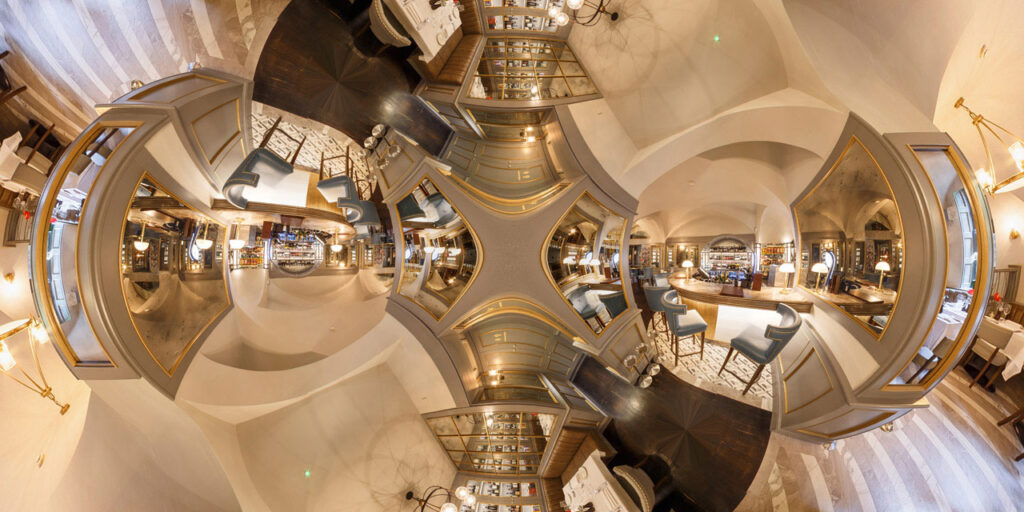 Elegant, luxurious bar interior with unique panoramic distortion.