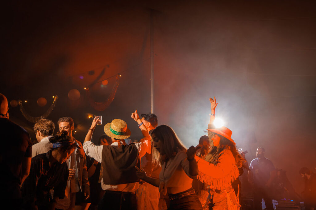 Energetic crowd dancing at a vibrant party.