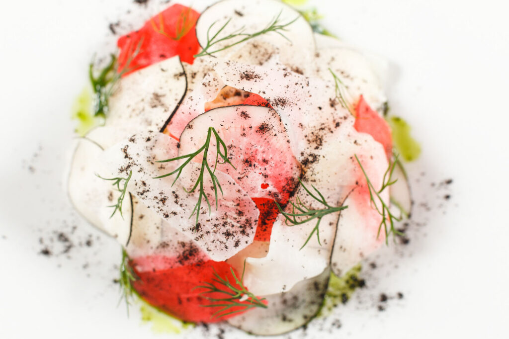 Gourmet dish with sliced radishes, dill, and dark powder.