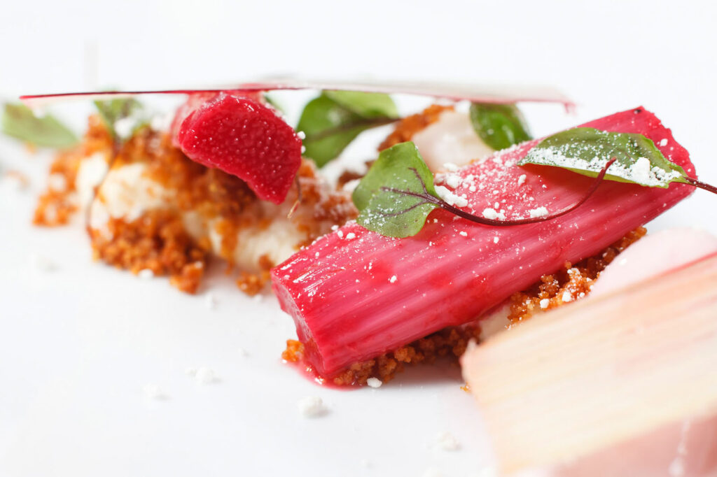 Gourmet rhubarb and strawberry dessert with crumble.