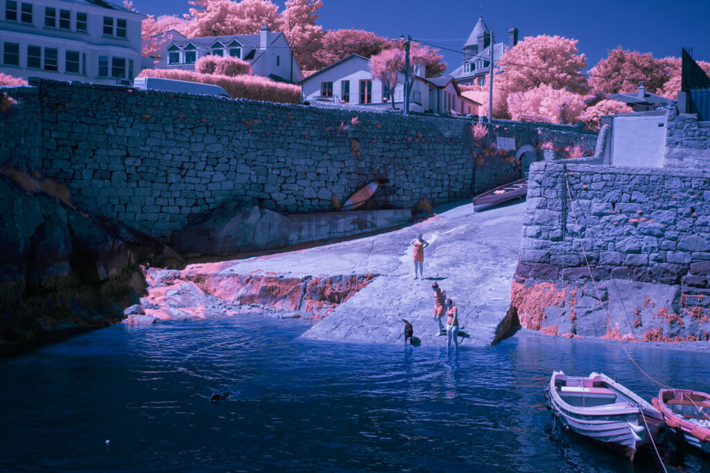 Infrared harbor scene: people, dog, boats, pink trees.