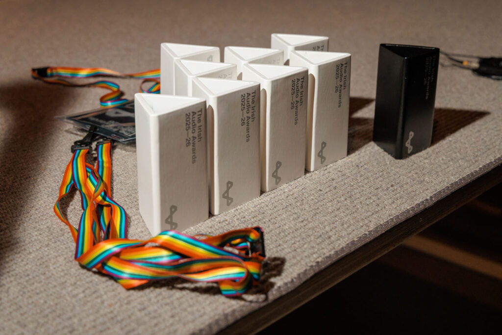 Irish Audio Awards trophies and lanyard.
