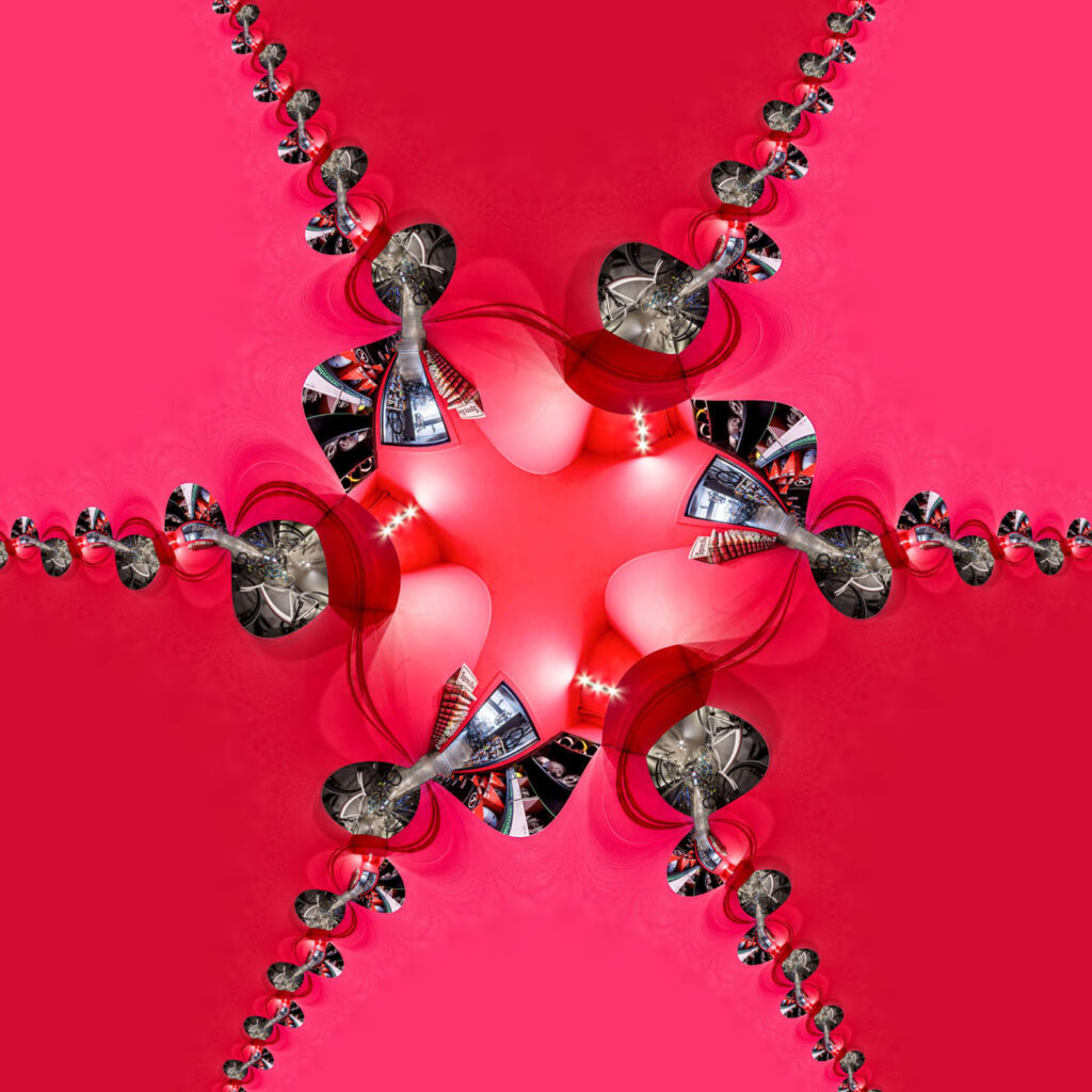 Kaleidoscopic bicycle parts in a vibrant pink fractal design.