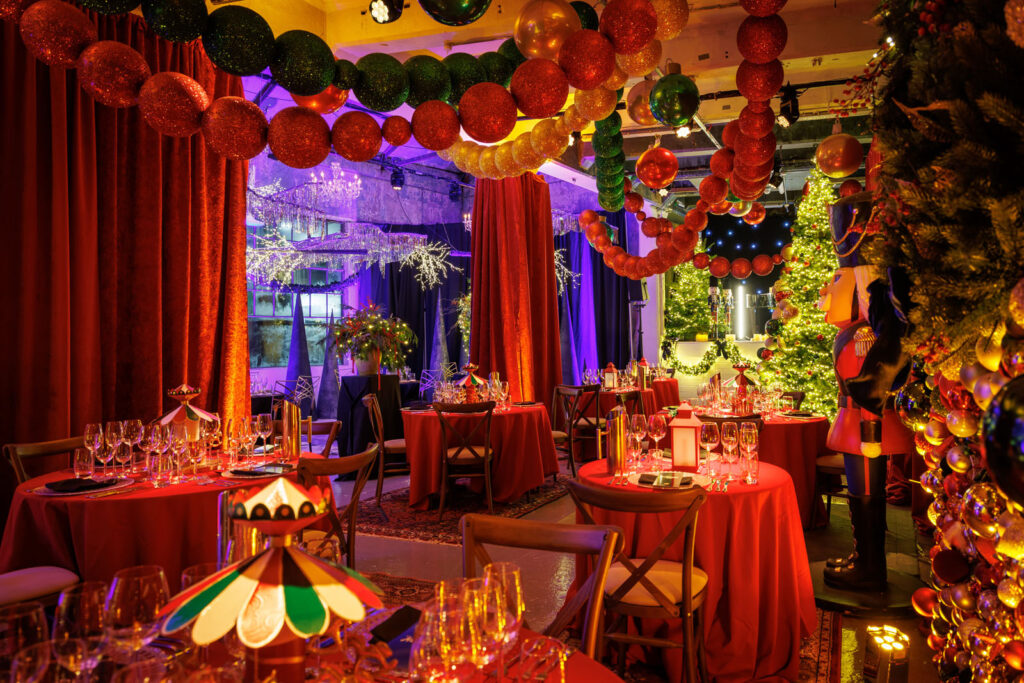 Luxurious Christmas dining event with festive decorations.