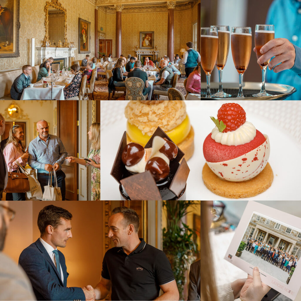 Luxury event featuring dining, networking, and gourmet desserts.