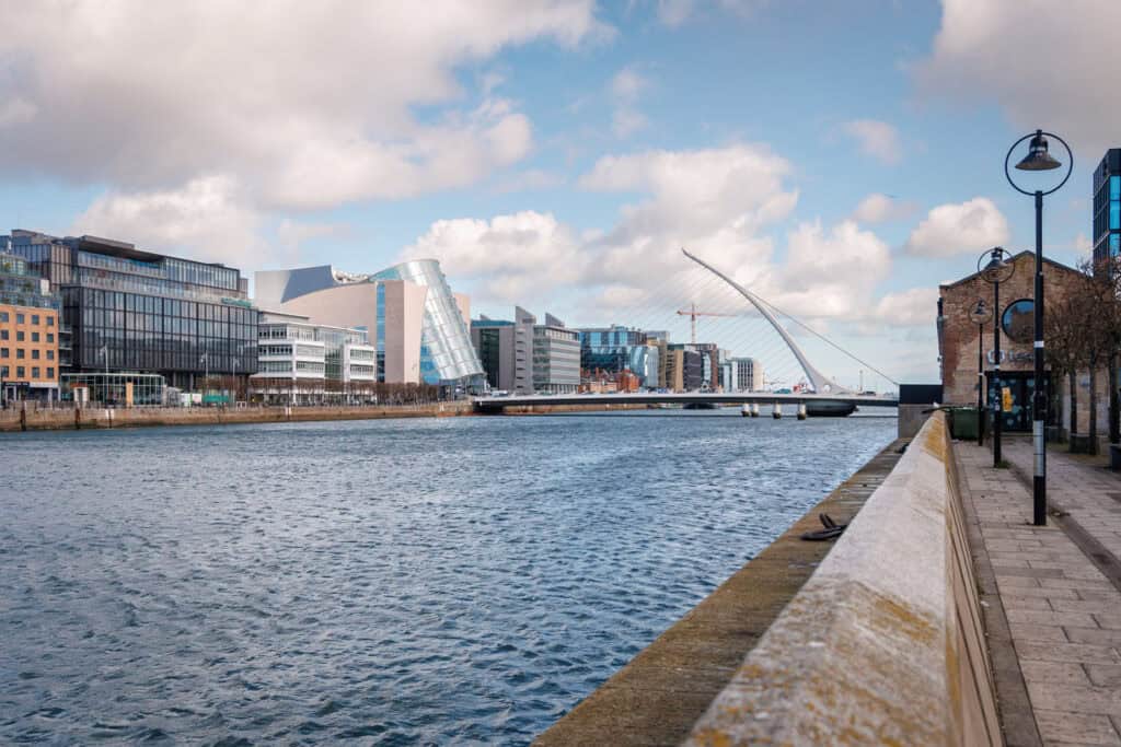 Modern Dublin skyline, river, and Samuel Beckett Bridge.