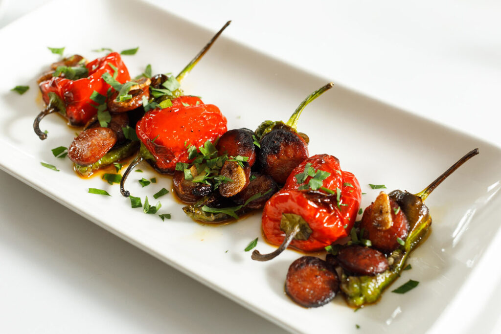 Roasted peppers and chorizo appetizer
